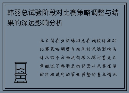 韩羽总试验阶段对比赛策略调整与结果的深远影响分析