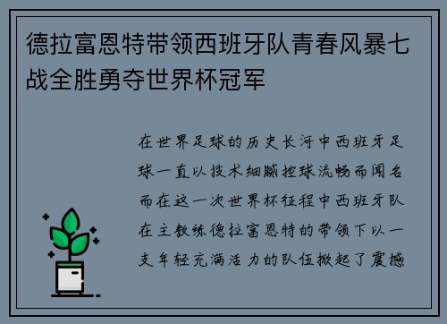 德拉富恩特带领西班牙队青春风暴七战全胜勇夺世界杯冠军