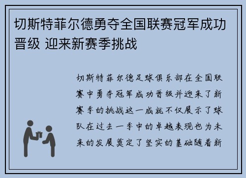 切斯特菲尔德勇夺全国联赛冠军成功晋级 迎来新赛季挑战 切斯特菲尔德勇夺全国联赛冠军成功晋级 迎来新赛季挑战