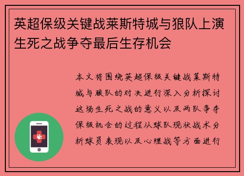 英超保级关键战莱斯特城与狼队上演生死之战争夺最后生存机会 英超保级关键战莱斯特城与狼队上演生死之战争夺最后生存机会